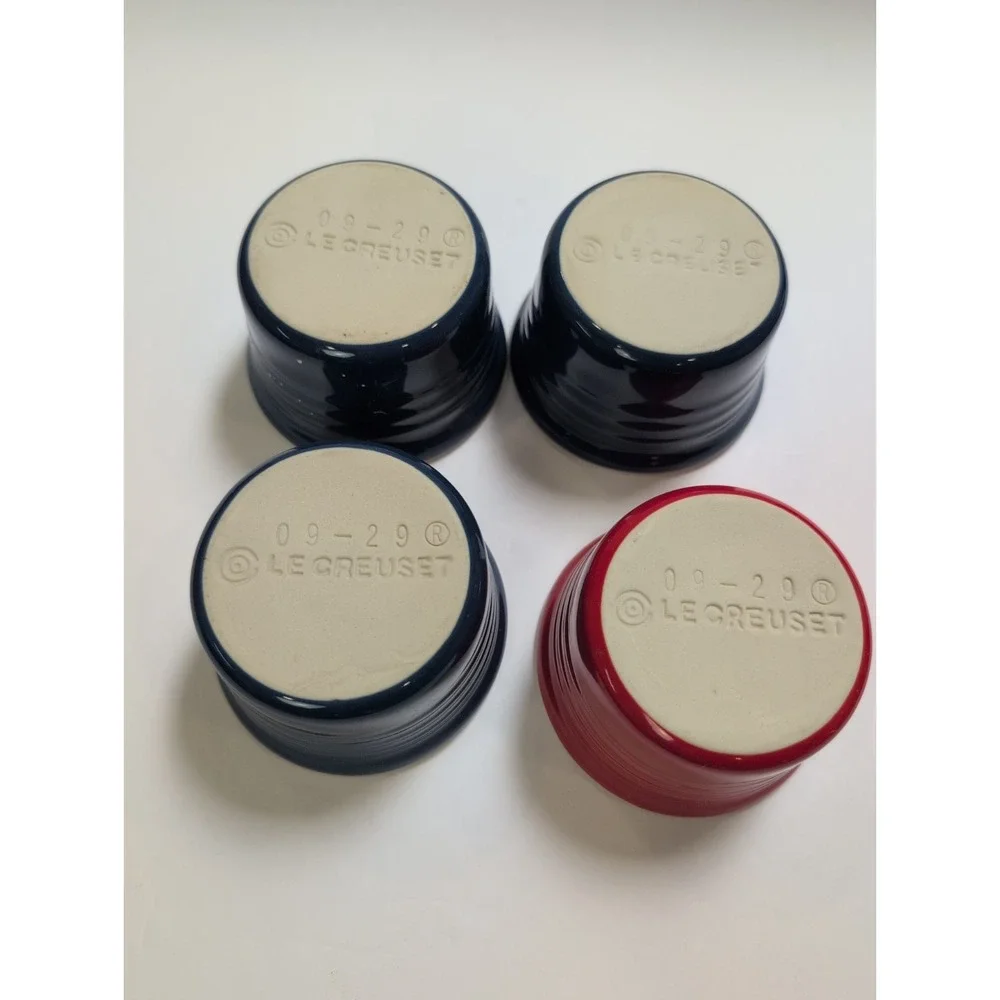 Le Creuset Stoneware Custard Cups 4 Oz 3 Blue 1 Red Ribbed Ramekins- ‎ Set Of 4